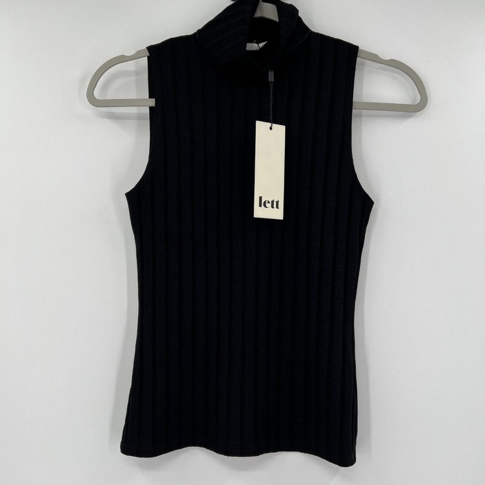 LETT Womens Black Orly Sleeveless Mock Neck Top Blouse Wide Ribbed sz M Verishop